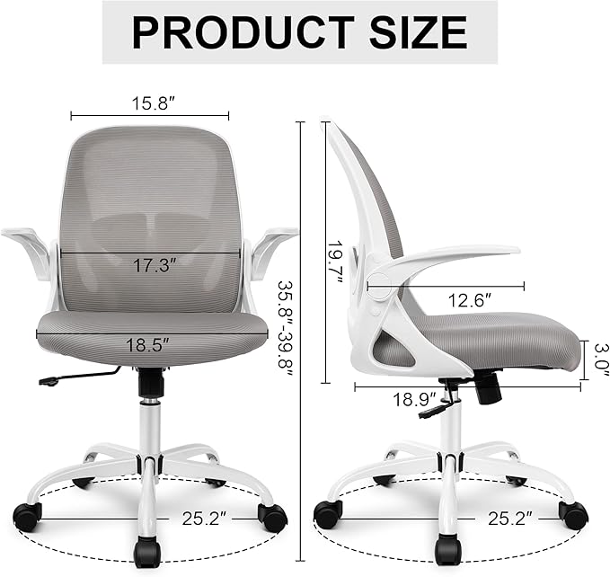Primy Office Chair Ergonomic Desk Chair with Adjustable Lumbar Support and Height, Swivel Breathable Desk Mesh Computer Chair with Flip up Armrests for Conference Room（Gray）