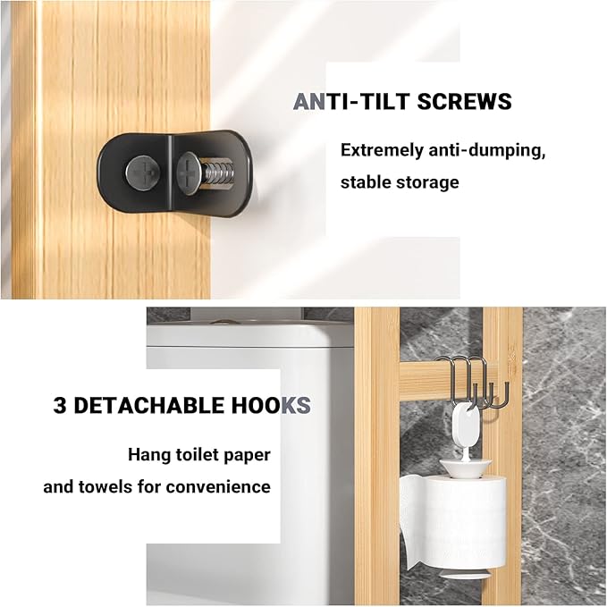 Homykic Over The Toilet Storage, 3-Tier Bamboo Bathroom Shelf with 3 Hooks, Above Toilet Organizer Rack Freestanding for Small Space, Restroom, Laundry, Easy Assembly, Natural