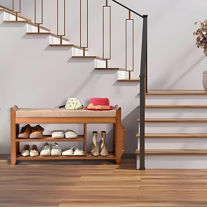 Shoe Storage Bench for Entryway, Bamboo Entryway Bench with Hidden Drawer and Side Brackets,2-Tier Shoe Rack Organizer for Entryway, Hallway,Bedroom and Bathroom