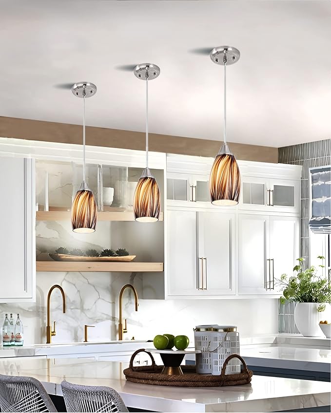 Mini Pendant Lights Kitchen Island,Blown Art Glass Pendant Light Fixtures with Brush Nickel Finish Coffee Brown Hanging Lamp Shade for Kitchen Over Sink,Hallway,Bathroom Dining Room
