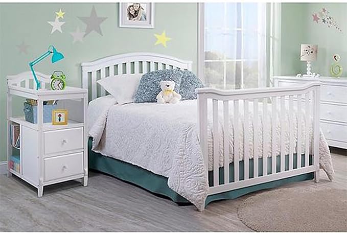 SORELLE FURNITURE Berkley Crib and Changer with Slat Panel Back Classic -in- Convertible Diaper Changing Table Non-Toxic Finish Wooden Baby Bed Toddler Childs Daybed Full-Size Nursery - White