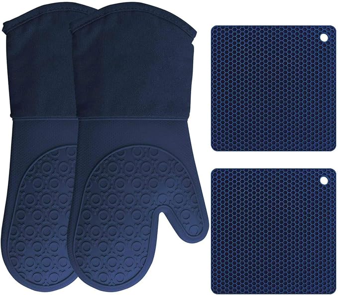 HOMWE Silicone Oven Mitts and Pot Holders, 4-Piece Set, Heavy Duty Cooking Gloves, Kitchen Counter Safe Trivet Mats, Advanced Heat Resistance, Non-Slip Textured Grip (Navy Blue)