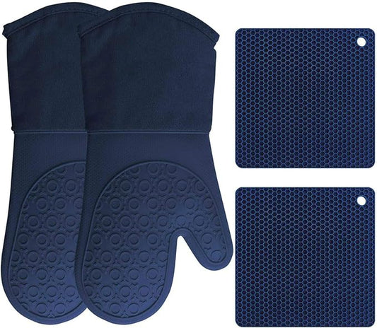 HOMWE Silicone Oven Mitts and Pot Holders, 4-Piece Set, Heavy Duty Cooking Gloves, Kitchen Counter Safe Trivet Mats, Advanced Heat Resistance, Non-Slip Textured Grip (Navy Blue)