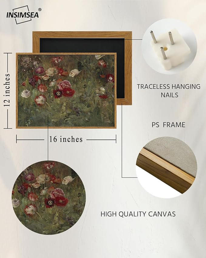 InSimSea Framed Canvas Wall Art Vintage Decor, FLoral Wall Art Decorations Classical Oil Painting Canvas Prints A Bed of Poppies Retro Home Decor Gifts, 12"x16"