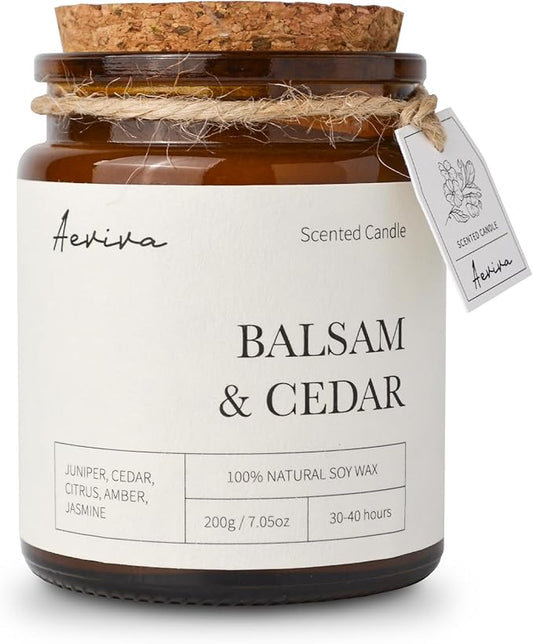 Scented Candle, 7.05 oz Balsam Cedar Aromatherapy Candle, Natural Soy Wax with Wooden Wick, Candles for Home Scented, Stress Relief Amber Jar Candle Gifts
