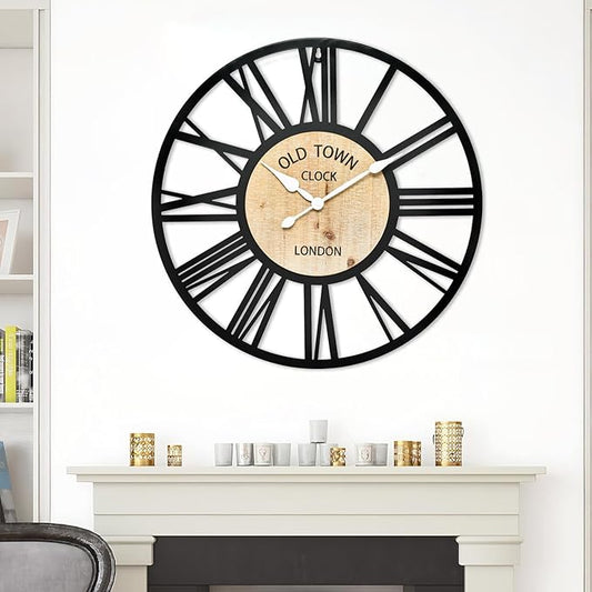 Large Old Town Wall Clock - Decorative Antique 24-inch Silent Non Ticking Clock for Farmhouse, Dining Room, Bedroom, Kitchen - Black Metal and Wood Clocks