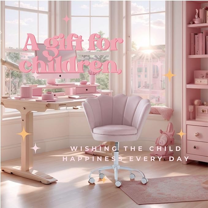 Pink Kids Desk Chair, Cute Velvet Adjustable Children Desk Chair Rolling Study Armchair Upholstered Computer Chair Shell Back 360° Swivel Vanity Chair for Teen Boys Girls Bedroom Study
