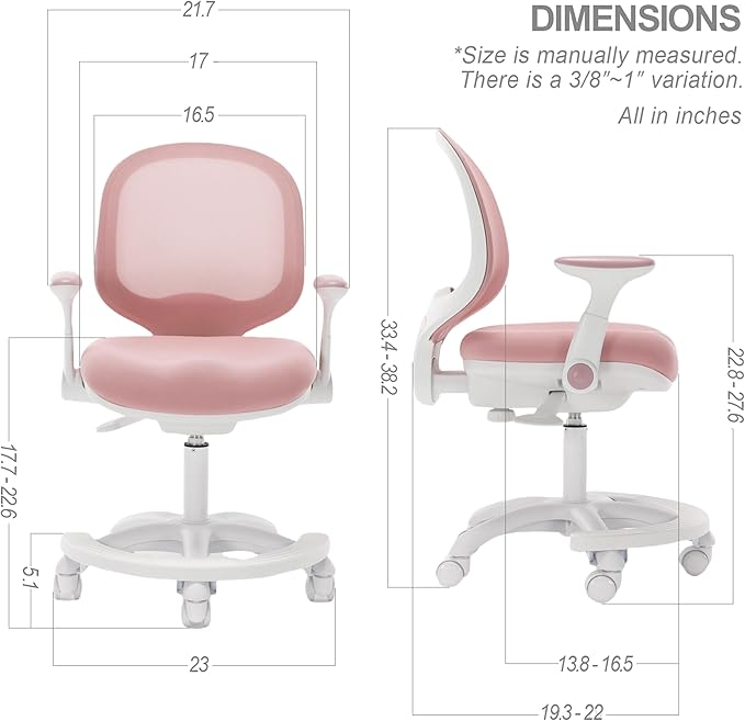 Kids Desk Chair, Boy's Girl's Child Children Study Office Computer Chair, Ergonomic Design, Adjustable Height and Seat Depth (Grey) (Peach Pink W/Armrests and Footrest)
