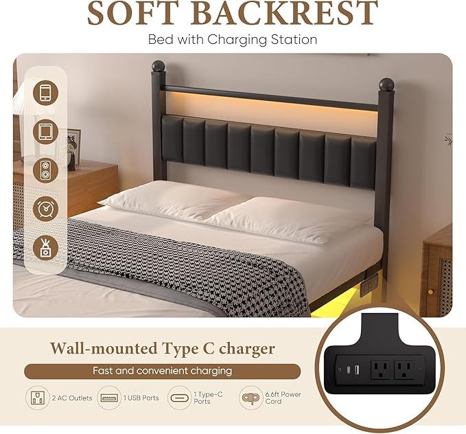 Twin Bed Frames with LED Lights & Charging Station - Metal Platform Bed Frame with Under Bed Storage - Heavy Duty Steel Slats/Upholstered Headboard/Noise-Free/No Box Spring Needed/Easy Assembly/Black