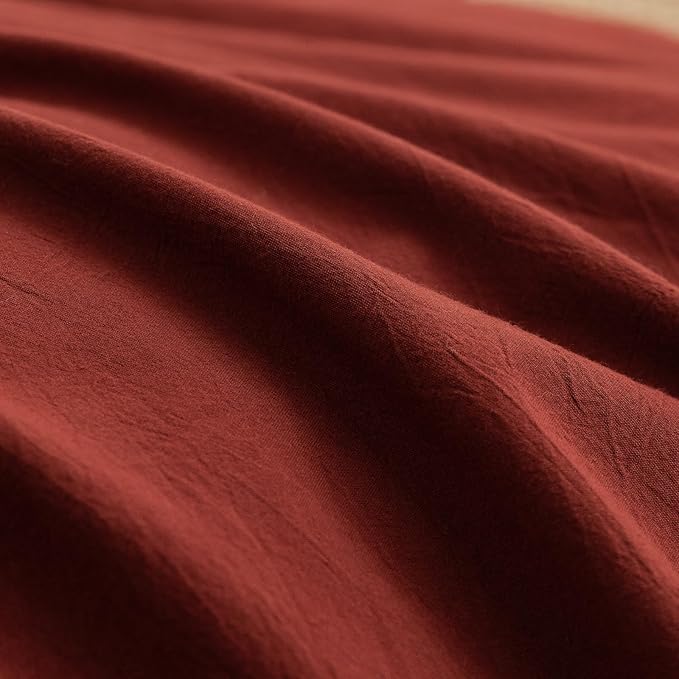 BESTOUCH Duvet Cover Set 100% Washed Cotton Linen Feel Super Soft Comfortable Chic Lightweight 3 PCs Home Bedding Set Solid Fired Brick Red Queen