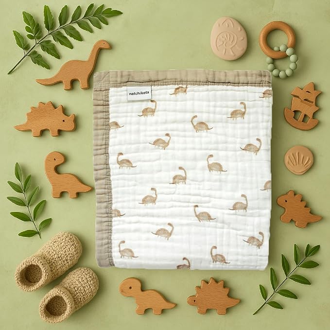 Organic Cotton Muslin Baby Blanket for Boys and Girls - Luxurious Soft Toddler Quilt for Swaddling - Gender Neutral Blankets Makes a Great Dinosaur