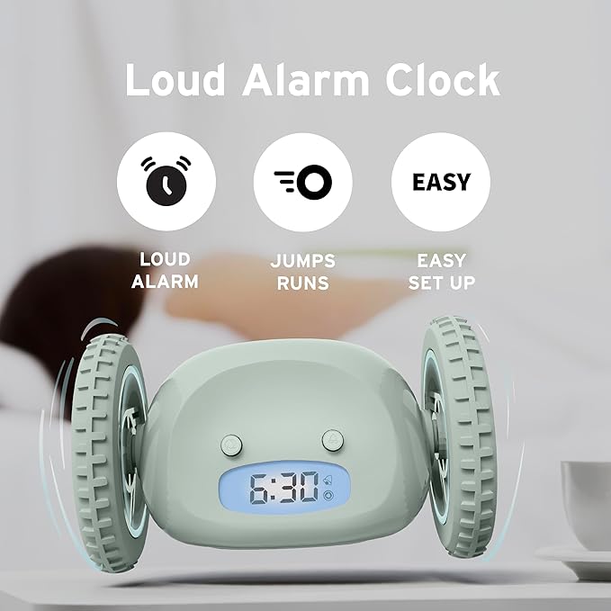 CLOCKY Extra Loud Alarm Clock for Heavy Sleepers on Wheels Rolls Runs Away Vibrating, Easy to Set Super Smart Snooze Digital Bed Shaker Alarm Clock Funny Gift for Adults Kids Teens Bedrooms (Sage)