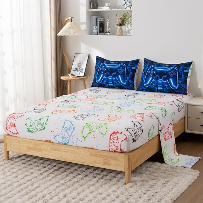 NTBED 5pcs Game Console Comforter Set for Boys Girls Kids Block Lightweight Microfiber Bedding Sets (Blue, Full)