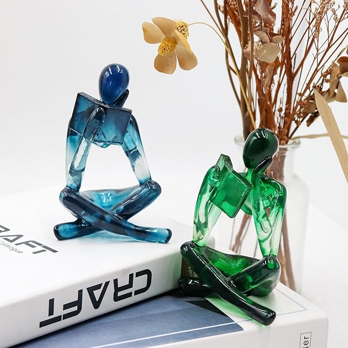 Reading Women Statue, Translucent Green Resin Thinker Sculptures, Abstract Art Ornament, Modern Aesthetic Figurine Decoration for Home Living Room Bedroom Office Shelf Table Desk Bookshelf Decor