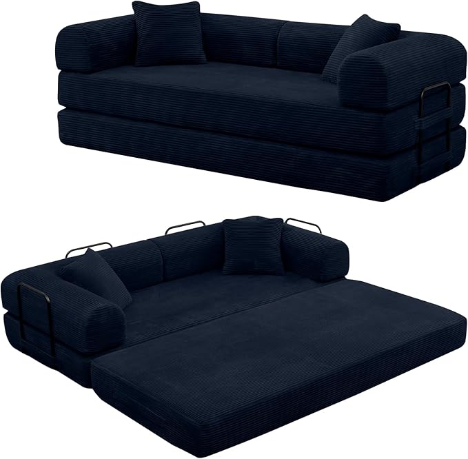 Rovibek 4-in-1 Convertible Sleeper Sofa Bed Queen Size, Foldable Floor Couch Corduroy, Folding Futon Sofa Beds with Pillow and Fixed-Shape Frame, Suitable for Living Room, Bedroom, Lounge, Dark Blue