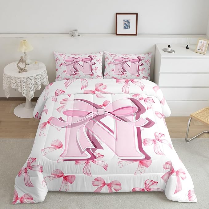 jejeloiu Kids Girls Cute Pink Bow Comforter Set Full Size Monogrammed Bedding Set Ultra Soft Personalized Initial N Duvet Quilt Coquette Bow Knot Quilt Set Room Decor Modern Fashion Comforter