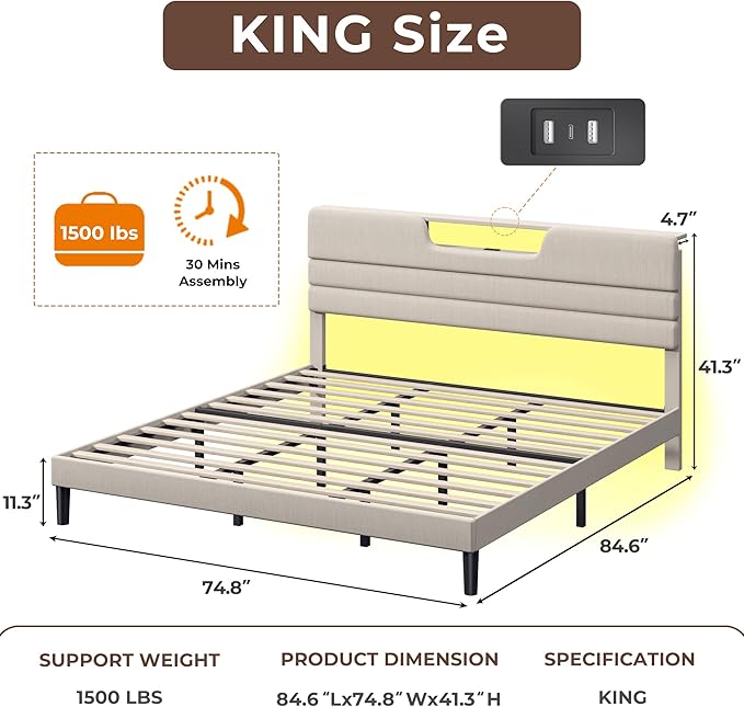 King Size Bed Frames with Upholstered Headboard, Modern Platform Bed with Charging Station and Led Lights, Bed Frame with Sturdy Wooden Slats/No Box Spring Needed/2-Tier Storage, Beige