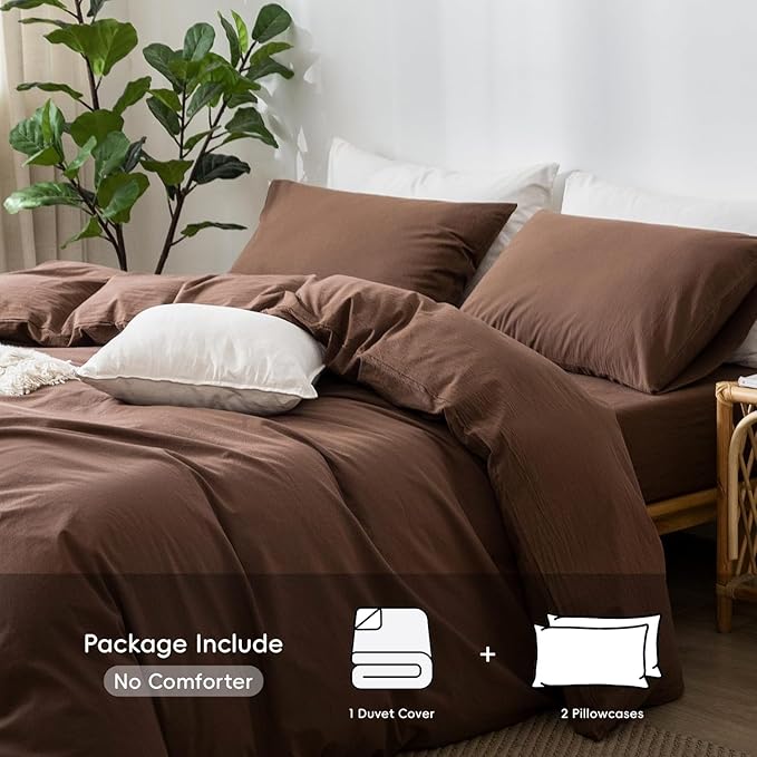 MooMee Bedding Duvet Cover Set 100% Washed Cotton Linen Like Textured Breathable Durable Soft Comfy (Solid Cocoa Brown, Queen 90"x90")
