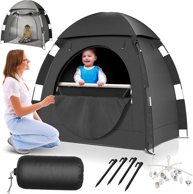 YoungMinds Blackout Baby Crib Tent - Waterproof Sleep Pod Fits for Travel Pack and Play, Milk Silk Fabric, Kids Black Out Cover Mosquito Net Tent with Toy Holder, Pack N Play Canopy Blocks 100% Light