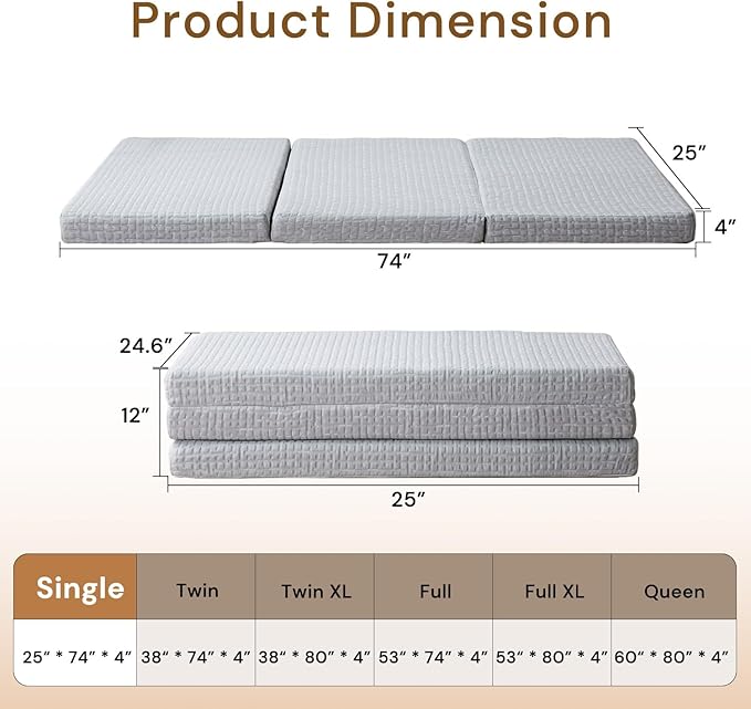 Foldable Mattress, 4 Inch Memory Foam Guest Floor Mat, Tri Folding Portable Mattress for Kids and Adults, Washable Cover, Non-Slip Design, Single Size (25.2" L x 74" W x 4" Th), Grey