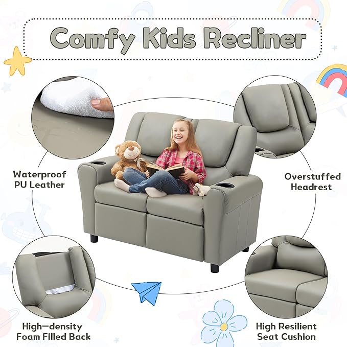 AVAWING Double Toddler Recliner Chair, Kids Couch with Cup Holders, Faux Leather Kids Recliner, Loveseat Sofa w/Adjustable Footrest & Headrest for Boys and Girls Age 1-4, Grey