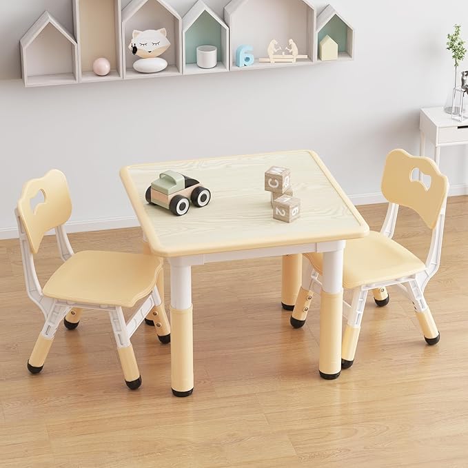 GarveeHome Kids Table and 2 Chairs Set, Height Adjustable Toddler Table and Chair Set for 2, Graffiti Desktop, Non-Slip Design, Children Table for Home Daycare Preschool for Ages 2-8, Beige