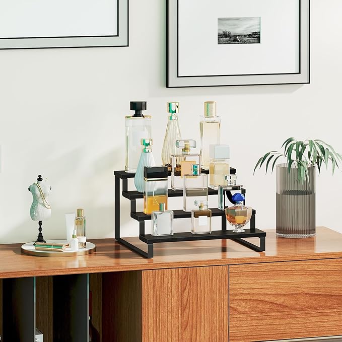 Giikin 4 Tier Display Stand Riser, Wooden Display Stand Perfume Organizer Stand Cupcake Stand Holder, Tiered Display Stand Risers Display Shelf for Home and Shop, Black