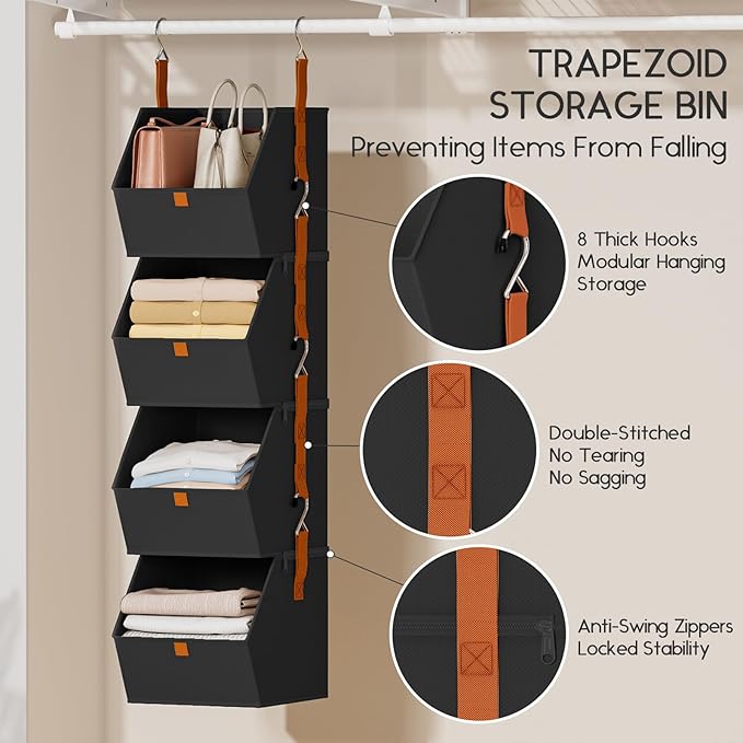 Hanging Closet Organizer 4 Tier - Clothes Hanging Shelves, Space-Saving Closet System, Fabric Storage Bins Bedroom Organization, Collapsible Baskets for Home, Dorm, Rv, Black