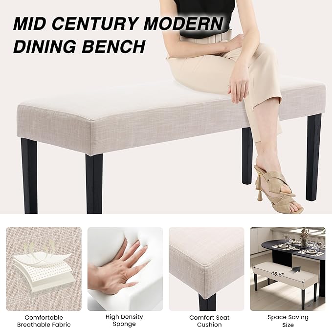 Farmhouse Upholstered Dining Bench Seat Set of 2, 45" Linen Fabric Entryway Bench with Black Wood Legs, Mid Century Modern End of Bed Bench for Kitchen Bedroom Living Room Hallway, Beige