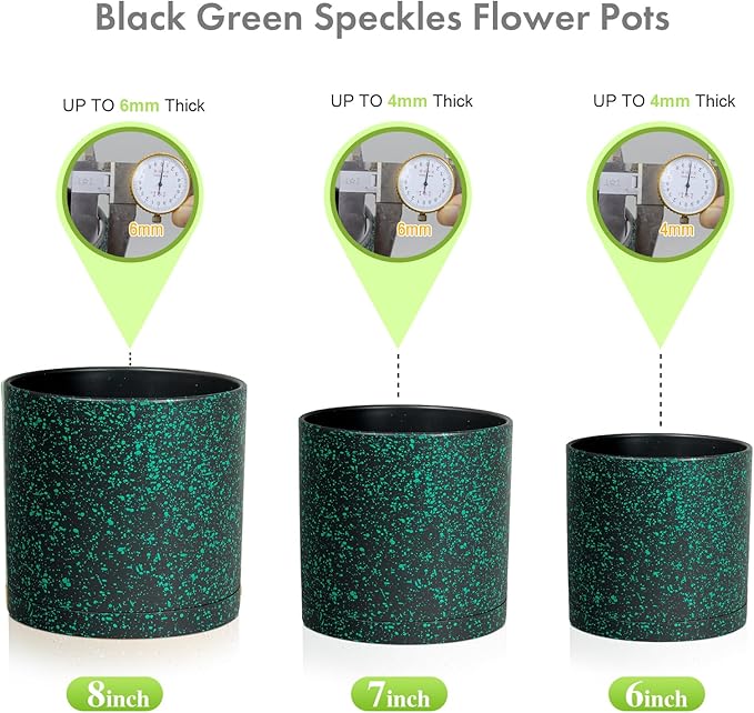 8/7/6 inch Plant Pots, 3 Pack Cylindrical Flower Pots for Outdoor Indoor Plants, Decorative Plastic Planters with Drainage Holes and Saucers for Garden House Plants, Black with Green Speckles