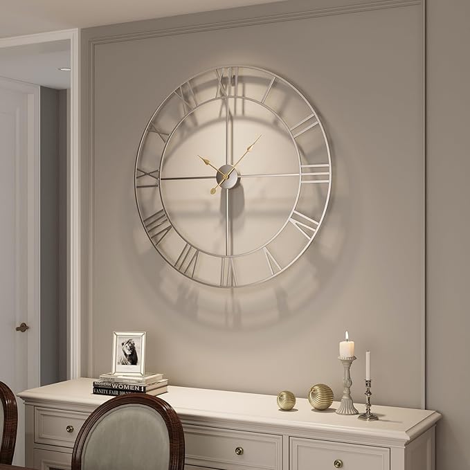 36 Inch Extra Large Wall Clock, Modern Silver Decorative Metal Wall Clocks for Living Room, Completely Silent Non Ticking Battery-Operated Roman Numeral Analog Round Clock