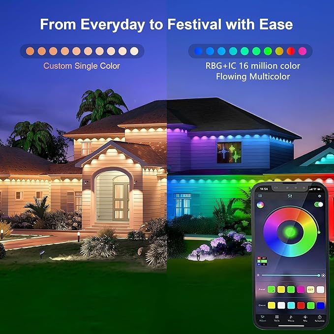 Permanent Outdoor Lights,200ft RGB + IC Smart LED Eaves Lights with App & Remote Control, IP67 Waterproof,for Christmas and All Holiday Decor,Daily and Accent Lighting,House Roof and Garden Lighting