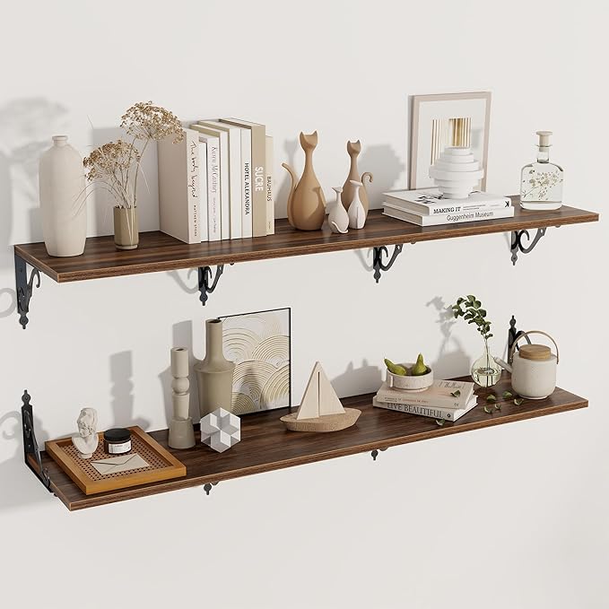 Deep Floating Shelves, 55" W x 12" D Wall Shelves Set of 2, Wide Display Shelf Wall Mounted with Brackets, Bookshelf for Living Room, Bathroom, Bedroom, Walnut
