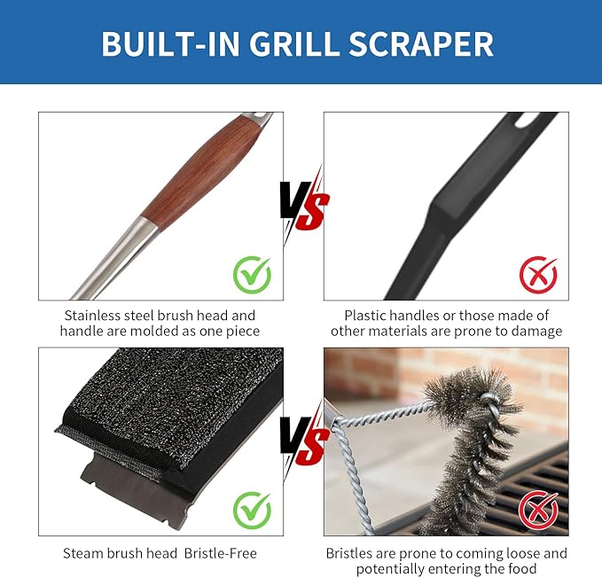 Grill Brush Bristle-Free, with Replaceable Head & Wooden Handle – Safe, Heat-Resistant BBQ Cleaner for All Grill Types (Cast Iron, Stainless Steel, Gas, Charcoal)