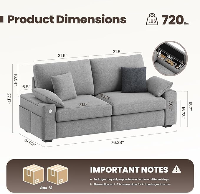 76" Loveseat Sofa, Cloud Foam Couch, 3 Seater Upholstered Midcentury Mondern Love Seat with USB Type C Ports, 4 Pillows and Flip-Open Storage Armrest for Living Room/Small Spaces, Grey