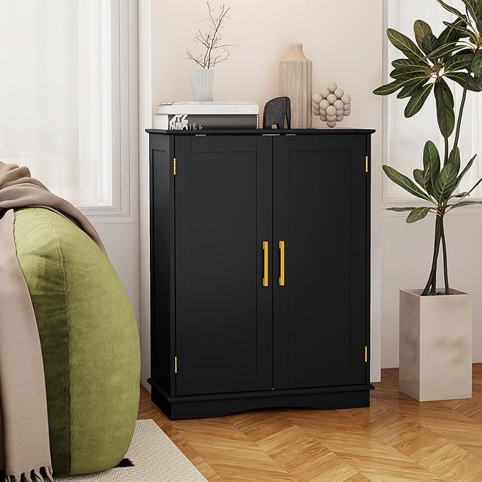 Tangkula Bathroom Floor Storage Cabinet, 31.5" H Freestanding Pantry Cabinet with 2 Doors and Adjustable Shelves, Kitchen Cupboard for Living Room, Dining Room, Bathroom (Black, 31.5" H)