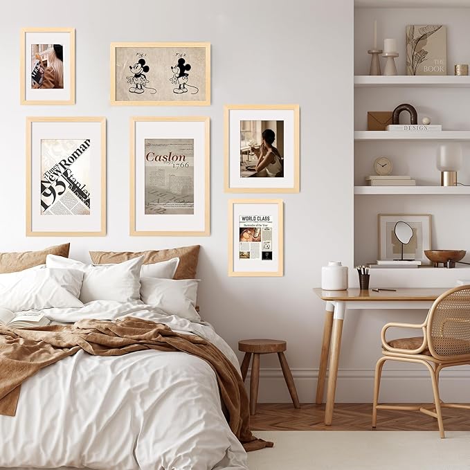 KINLINK 8x12 Picture Frame Natural, Solid Wood Frames with Acrylic Plexiglass for Pictures 6x8 with Mat or 8x12 without Mat, Tabletop and Wall Display Photo Frame, Set of 4