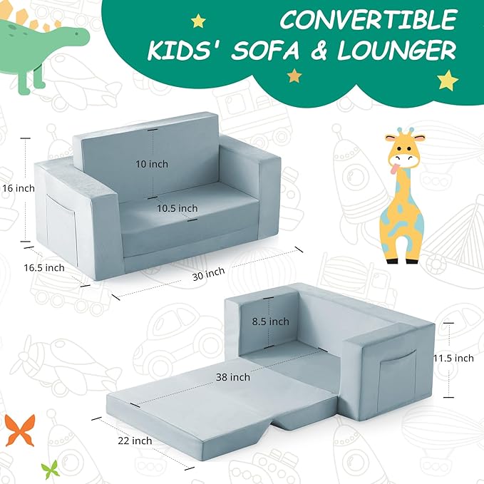 Kids Couch, 2-in-1 Toddler Chair Comfy 1-3 Years, Convertible Kids Chair, Toddler Couch That Fold Out, Kid Lounge Chairs for Boys and Girls, Soft Coral Fleece, Double, Blue