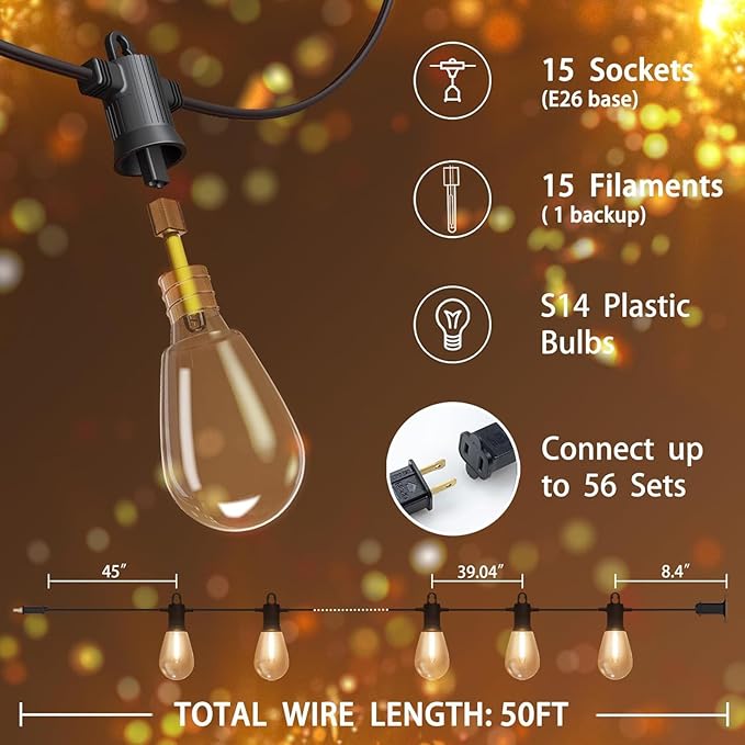 Outdoor String Lights 50 ft, LED Patio Lights with 16（15+1 Spare S14 Shatterproof Bulbs, IP65 Waterproof, Outside Hanging Light for Cafe Bistro Backyard