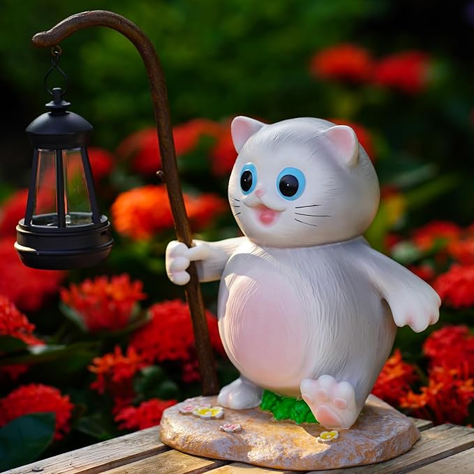 Solar Garden Outdoor Statues Cat with LED Solar Lantern Figurine for Lawn,Patio, Balcony, Yard Decor Unique Housewarming Gift, for Mom, Grandma,Father,Woman