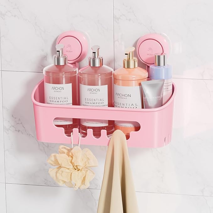LEVERLOC Shower Caddy Suction Cup, Shower Organizer Removable Bathroom Shelf, Storage Suction Powerful Max Hold 22lbs Bathroom Caddy Waterproof Holder, Pink