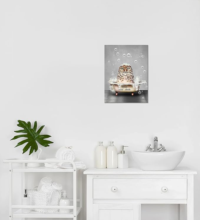 Funny Owl Bathroom Wall Art - Farmhouse Animal Owl In Bathtub Pictures Canvas Prints Painting Artwork Home Decorations Framed 16"x20"