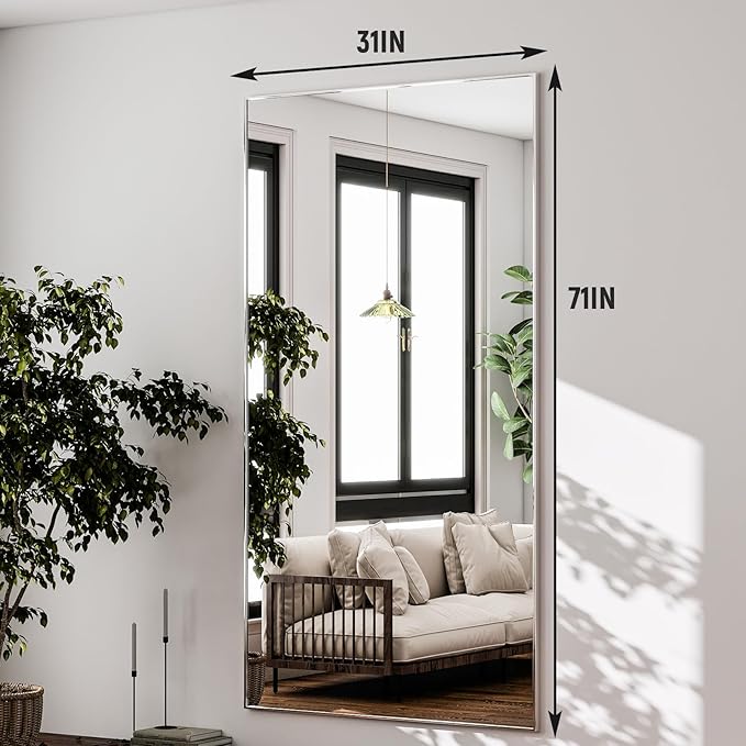 GLSLAND 71"x31" Full Length Mirror Extra Large Hanging or Leaning Rectangle Mirror Aluminum Alloy Thin Frame Bedroom Floor Dressing,Silver
