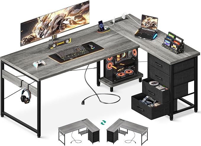 ODK 61'' L Shaped Desk with 4 Drawers, Reversible Corner Desk with Storage, Gaming Table with Power Outlets, USB Ports, PC Case Shelf, Computer Desk for Home Office, Study, Easy Assembly, Gray Oak