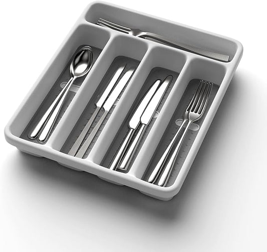 5-Slot Utensil Drawer Organizer for Silverware & Cutlery | Large Plastic Utensil Holder with Non-Slip Design, Silverware Drawer Organizer, BPA-Free (White)