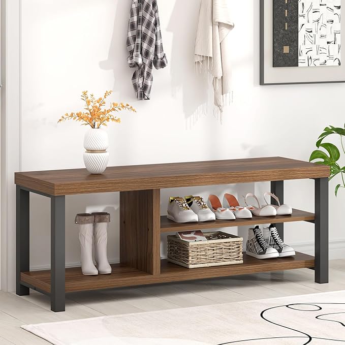 FOLUBAN Shoe Bench, Modern Wood and Metal Storage Bench for Entryway Hallway, Industrial Indoor Shoe Rack Bench Seat for Bedroom, Living Room, Rustic Walnut, 43.3 Inch
