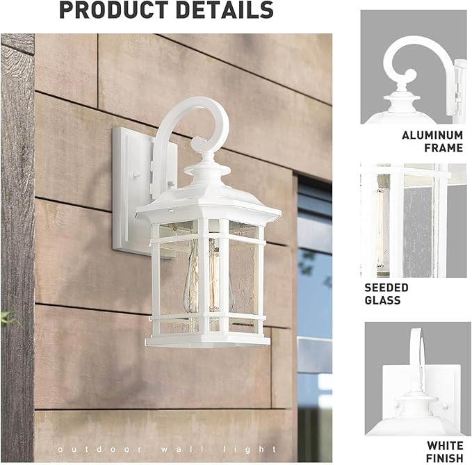 Emliviar 2 Pack Farmhouse Exterior Lights for House, 1-Light Modern Outdoor Wall Lights with Seeded Glass, White Finish, 2084B-2WH