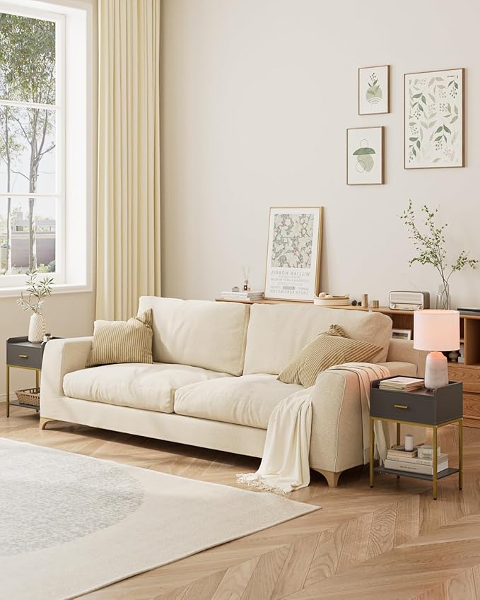 Nightstand with Charging Station,3-Tier Bedside Table for Small Space,Modern Night Stand with Storage Drawer and Shelf,Small Side Table for Bedroom,Living Room,Gray