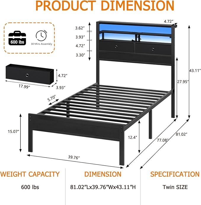 Furnulem Twin Bed Frames with Charging Station and LED Lights, Wood Headboard with 2 Fabric Drawers and Storage Shelves, Twin Size Platform Bed with Metal Slats, No Box Spring Needed, Black Oak