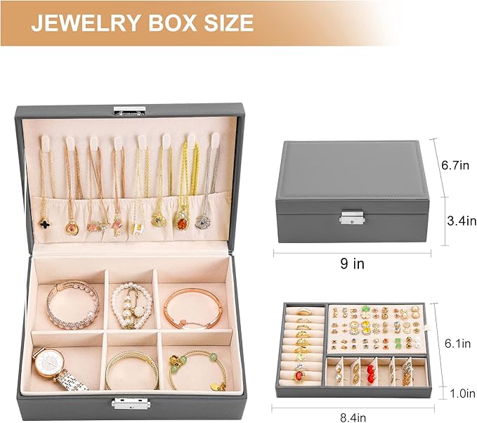 Jewelry Box for Women Girls 2 Layer Leather Travel Jewelry Organizer Storage Case with Lock and Removable Tray for Necklace Earrings Rings Bracelets Gift, Come with Polishing Cloth and Jewelry Bags